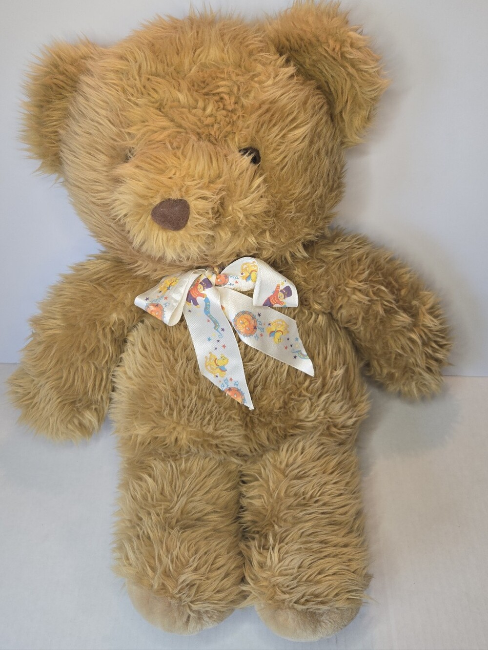FAO Schwarz Brown Plush Teddy Bear w/ Patterned White Bow Fuzzy FURRY